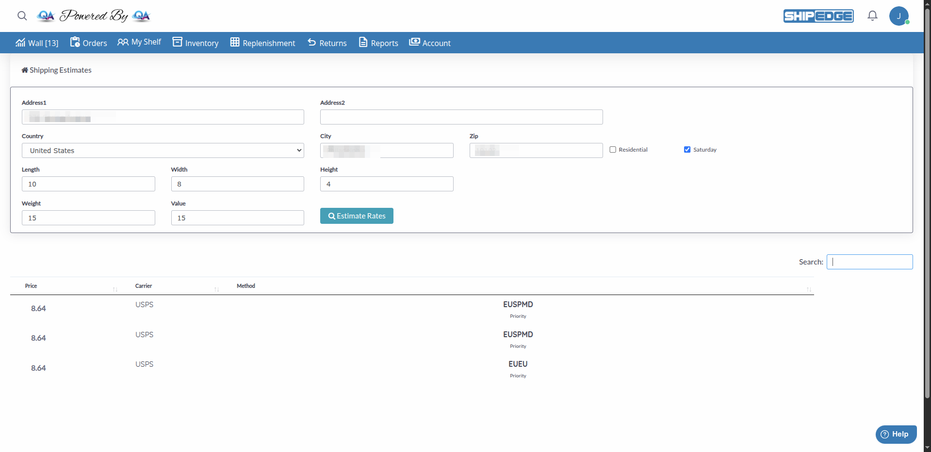 Shipping Estimates Main View